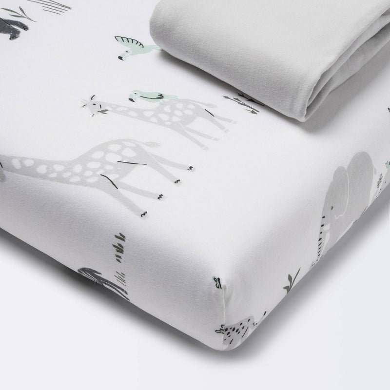 Fitted Play Yard Jersey Sheet 2pk - Cloud Island Two by Two Animals and Solid Gray