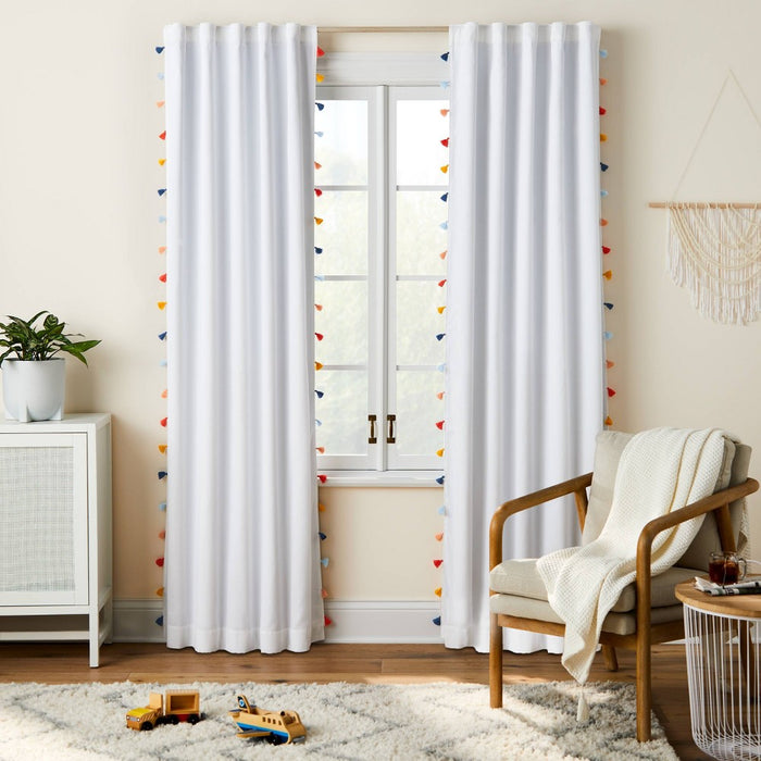 84" Blackout Tassel Kids' Curtain Panel White - Pillowfort