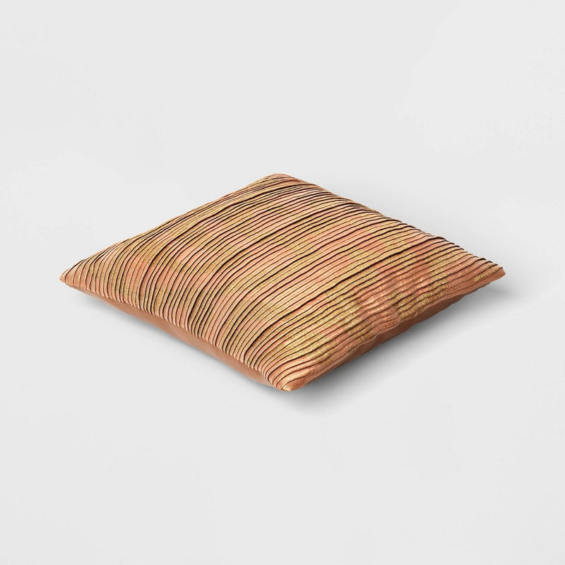 Geometric Patterned Pleated Satin with Metallic Embroidery Square Throw Pillow Beige - Threshold
