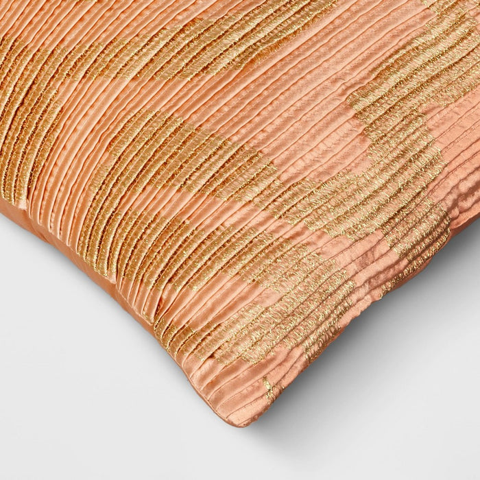 Geometric Patterned Pleated Satin with Metallic Embroidery Square Throw Pillow Beige - Threshold