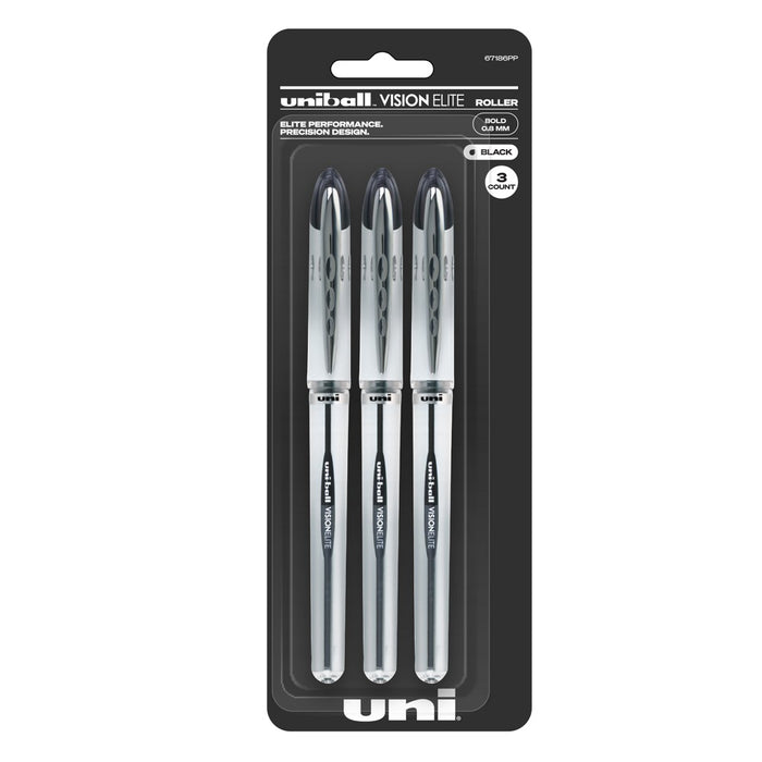 uniball Vision Elite Black Rollerball Pens 3ct Capped 0.8mm Bold Pen