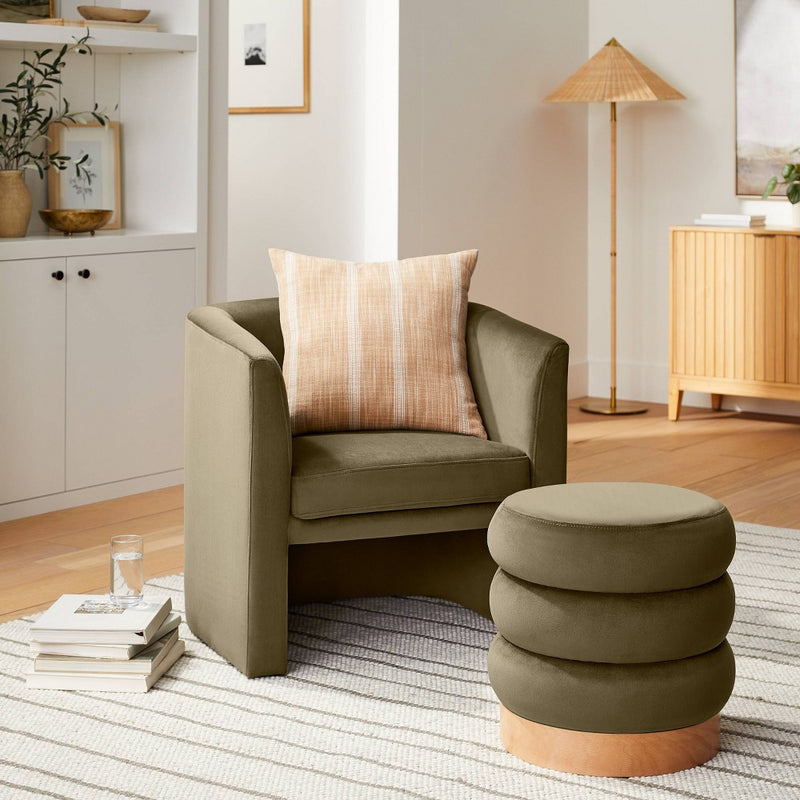Clarkdale Channel Tufted Ottoman with Wood Base Olive Velvet - Threshold designed with Studio McGee (LOCAL PICKUP ONLY)