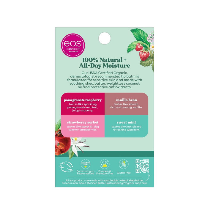 eos Natural & Organic Lip Balm Stick - Vanilla/Sweet Mint/Pomegranate Raspberry/Strawberry Sorbet - 4pk/0.56oz