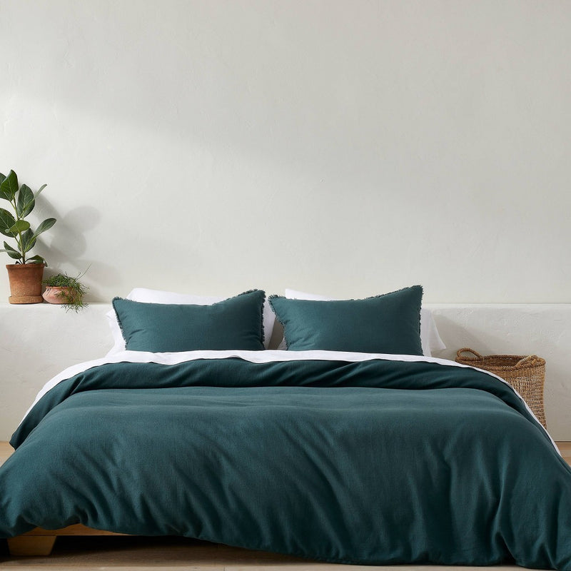 Full/Queen Heavyweight Linen Blend Duvet Cover & Sham Set Dark Teal Blue - Casaluna