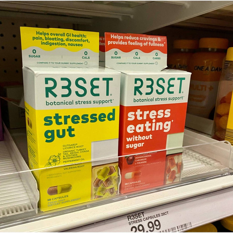 R3SET Stressed Gut Vegan Prebiotic for Heartburn, Bloating and Gas with Ginger, Licorice Roots and Organic Mushroom Blend Dietary Supplements - 28ct