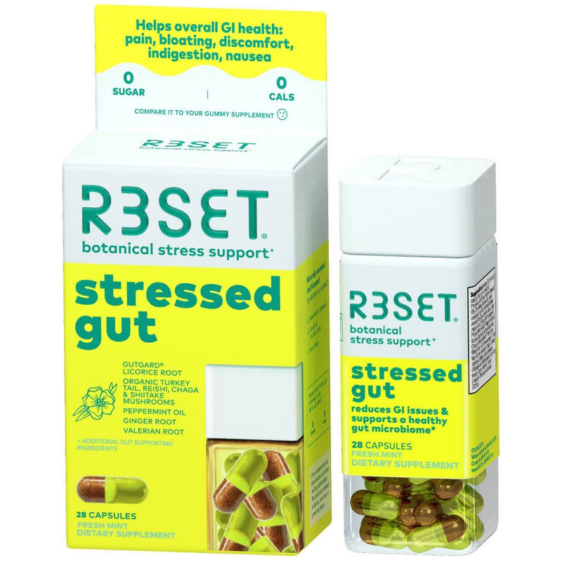R3SET Stressed Gut Vegan Prebiotic for Heartburn, Bloating and Gas with Ginger, Licorice Roots and Organic Mushroom Blend Dietary Supplements - 28ct