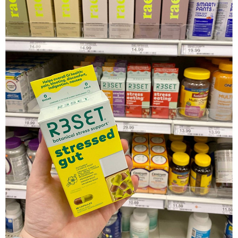 R3SET Stressed Gut Vegan Prebiotic for Heartburn, Bloating and Gas with Ginger, Licorice Roots and Organic Mushroom Blend Dietary Supplements - 28ct