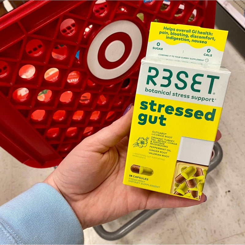 R3SET Stressed Gut Vegan Prebiotic for Heartburn, Bloating and Gas with Ginger, Licorice Roots and Organic Mushroom Blend Dietary Supplements - 28ct