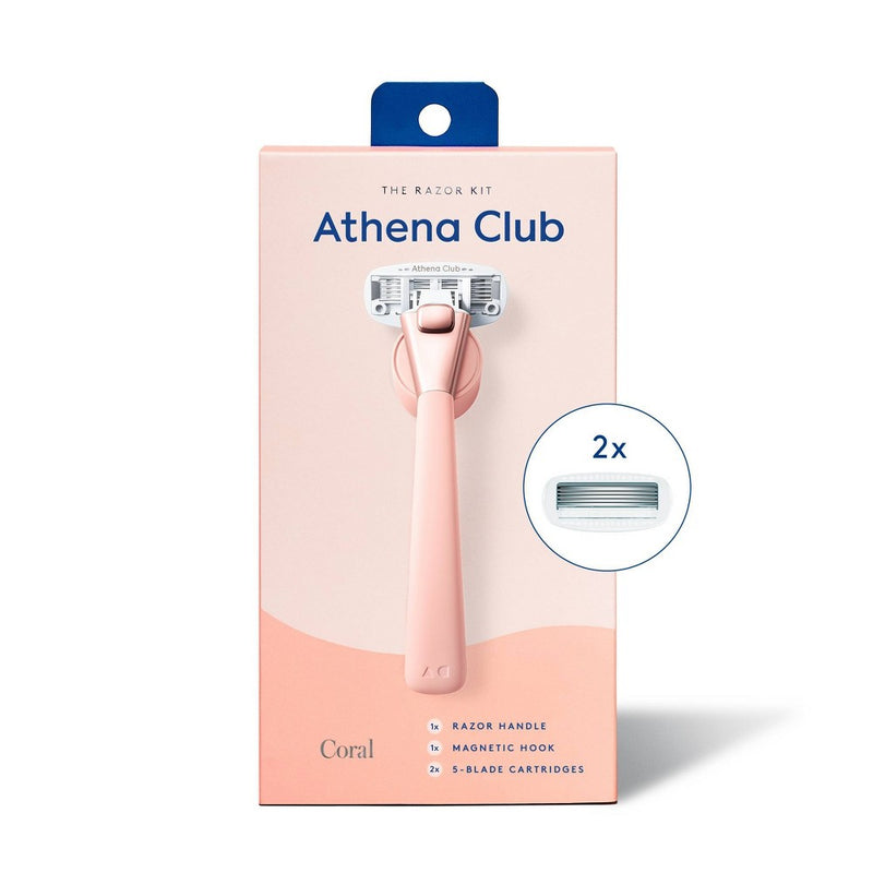 Athena 5-blade Women's Razor Kit - 1 Razor Handle, 2 Razor Blade Refills, Magnetic Hook - Coral