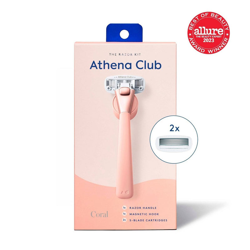 Athena 5-blade Women's Razor Kit - 1 Razor Handle, 2 Razor Blade Refills, Magnetic Hook - Coral