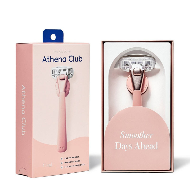 Athena 5-blade Women's Razor Kit - 1 Razor Handle, 2 Razor Blade Refills, Magnetic Hook - Coral