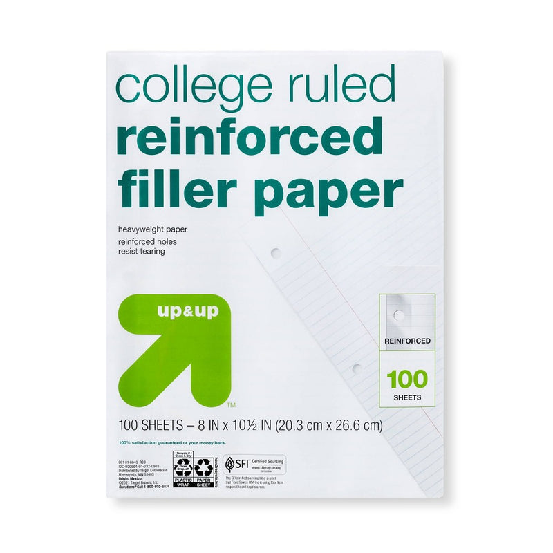 100ct College Ruled Reinforced Filler Paper - up & up