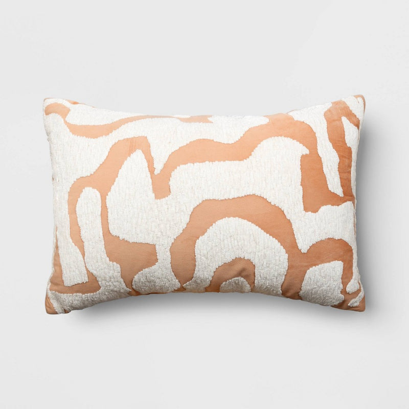 Oversize Geometric Patterned Chenille and Velvet Lumbar Throw Pillow Terracotta/Ivory - Threshold