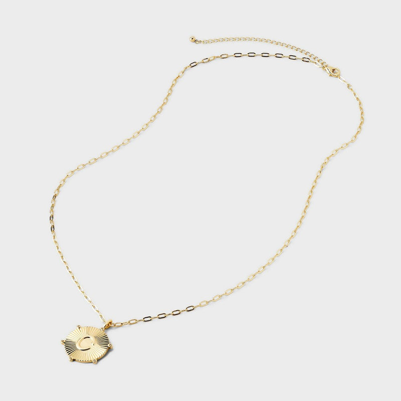 14K Gold Dipped Diamond Ray Disc Initial "C" Pendant Necklace - A New Day Gold
