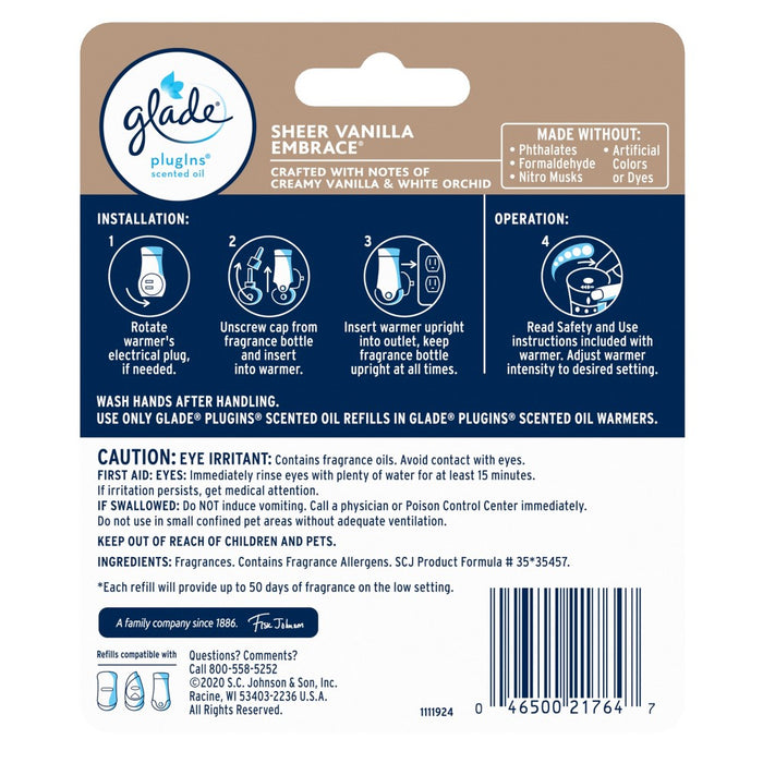 Glade PlugIns Scented Oil Air Freshener Sheer Vanilla Embrace Refill - 1.34oz/2ct