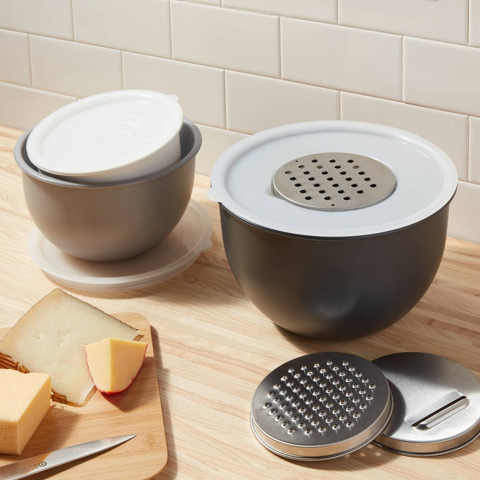 9pc Set - 3 Nesting Bowls with Lids and 3 Slicing Attachments Gray - Made By Design
