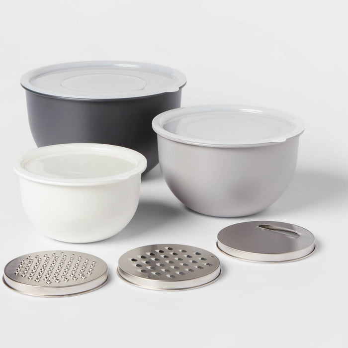 9pc Set - 3 Nesting Bowls with Lids and 3 Slicing Attachments Gray - Made By Design