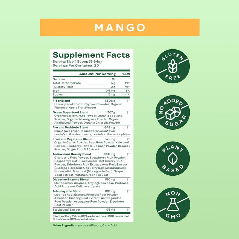 BLOOM Greens and Superfoods Powder - Mango - 4.8oz/25ct EXP: 03/2026