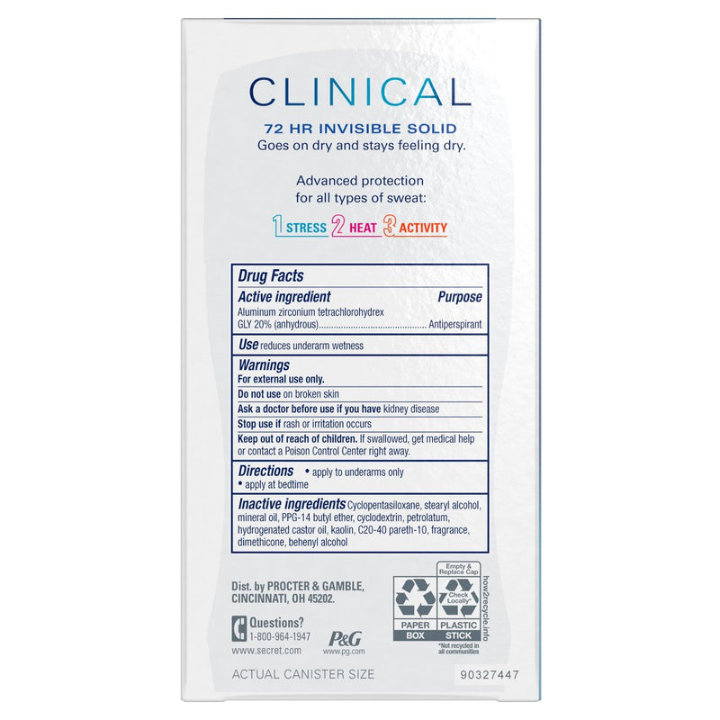 Secret Clinical Strength Invisible Solid Antiperspirant and Deodorant, Completely Clean - 1.6oz