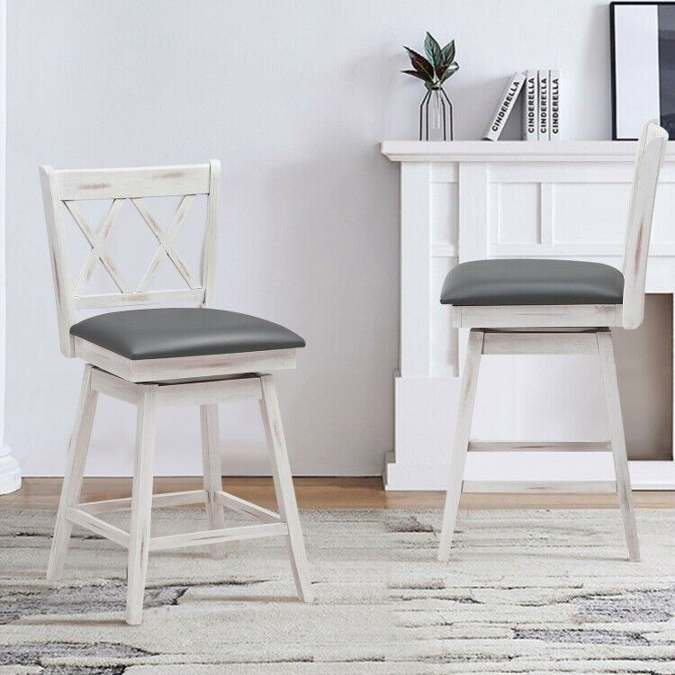 Set of 2 Barstools Swivel Bar Counter Height Chairs with Rubber Wood Legs White (LOCAL PICKUP ONLY)