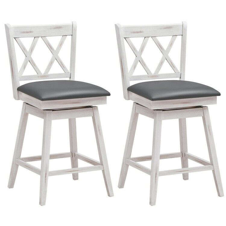 Set of 2 Barstools Swivel Bar Counter Height Chairs with Rubber Wood Legs White (LOCAL PICKUP ONLY)