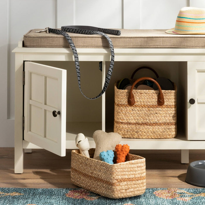 Small Braided Water Hyacinth Basket with Faux Leather Handles - Threshold