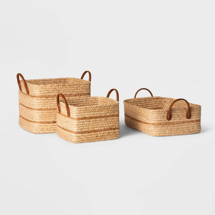 Small Braided Water Hyacinth Basket with Faux Leather Handles - Threshold