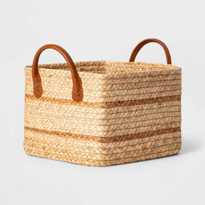 Small Braided Water Hyacinth Basket with Faux Leather Handles - Threshold
