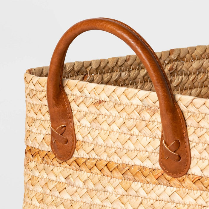 Small Braided Water Hyacinth Basket with Faux Leather Handles - Threshold