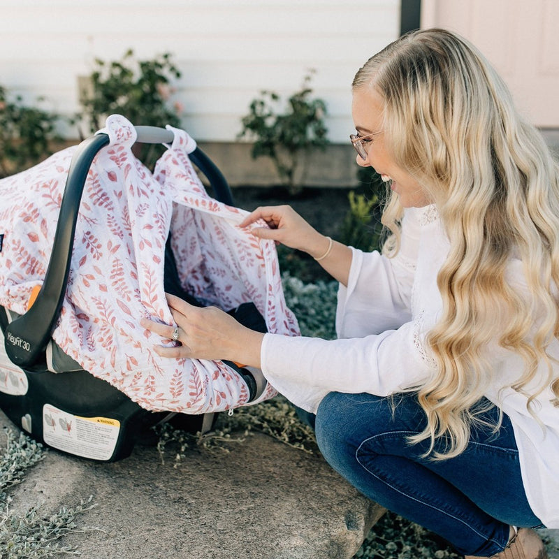 Bebe au Lait Muslin Car Seat Cover - Pink Leaves