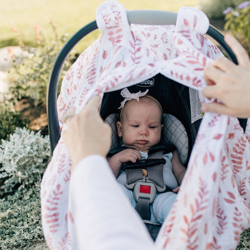 Bebe au Lait Muslin Car Seat Cover - Pink Leaves