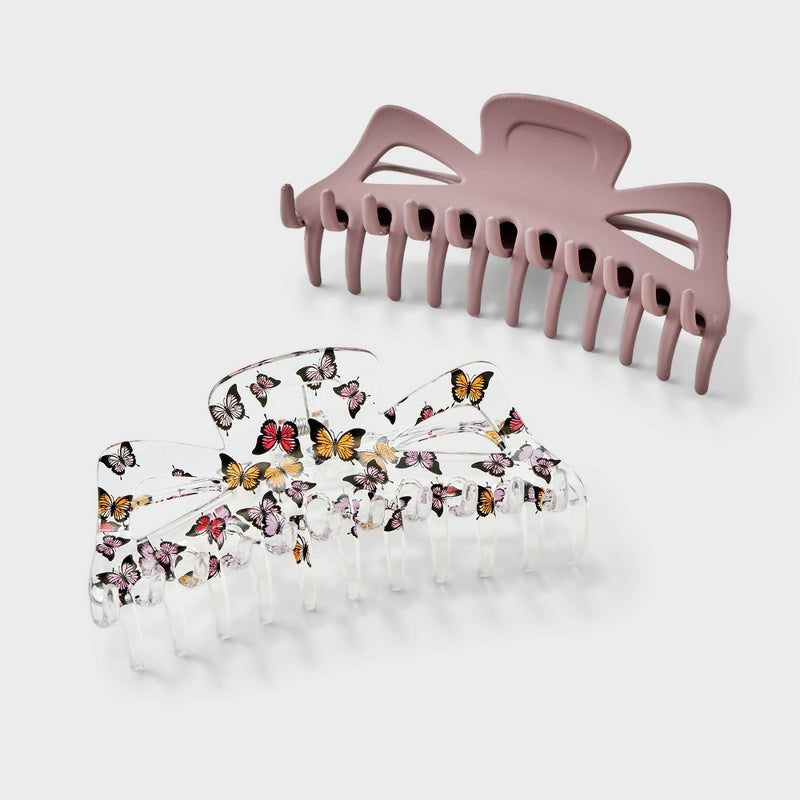 Clear Butterfly and Solid Claw Hair Clip Set 2pc - Wild Fable Purple