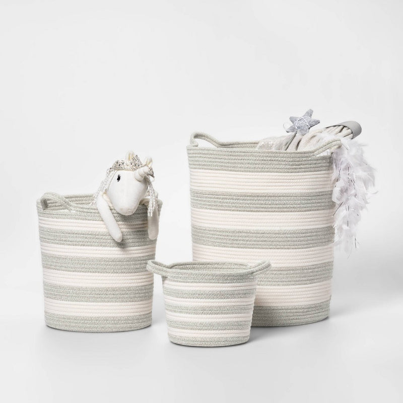 Medium Striped Coiled Kids' Rope Basket Gray - Pillowfort