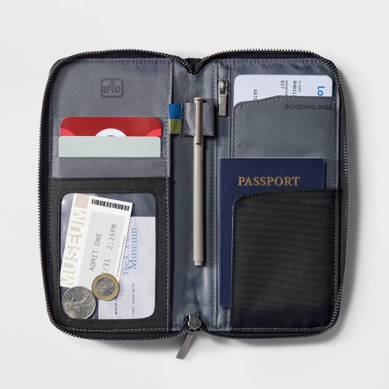 RFID Blocking Passport and Visa Holder Travel Wallet Open Story - Black