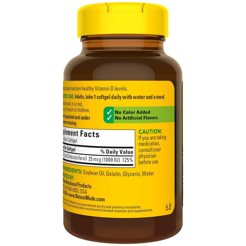 Nature Made Vitamin D3 1000 IU (25 mcg), Bone Health and Immune Support Softgel - 180ct