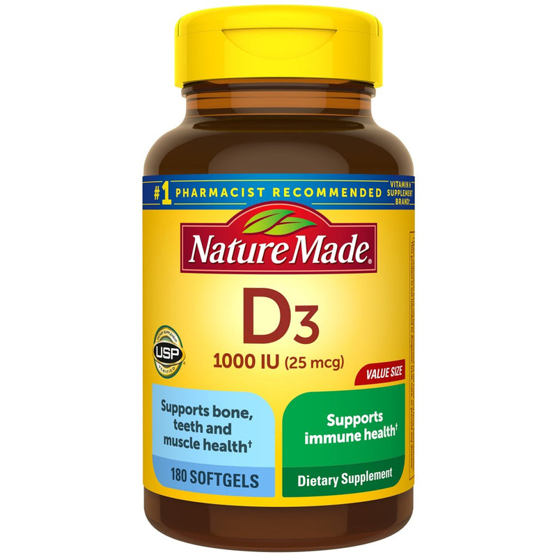 Nature Made Vitamin D3 1000 IU (25 mcg), Bone Health and Immune Support Softgel - 180ct