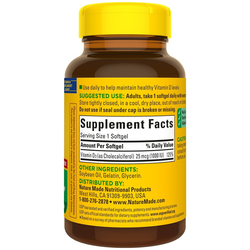 Nature Made Vitamin D3 1000 IU (25 mcg), Bone Health and Immune Support Softgel - 180ct