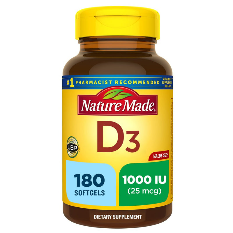 Nature Made Vitamin D3 1000 IU (25 mcg), Bone Health and Immune Support Softgel - 180ct