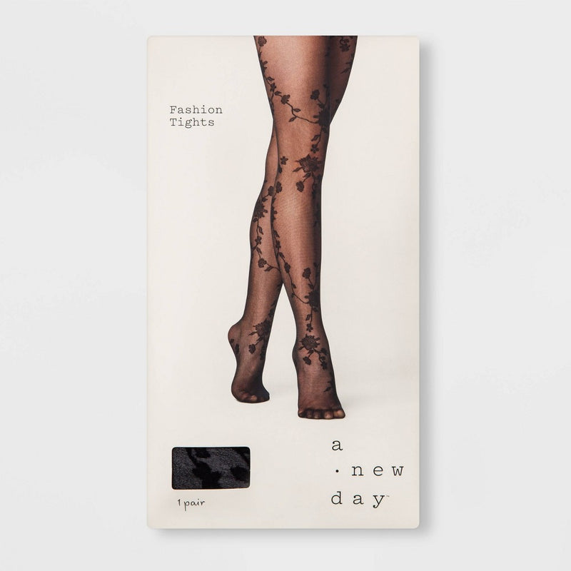Women's Viney Floral Tights - A New Day Black L/XL
