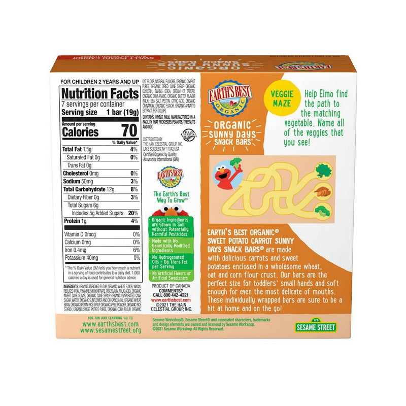 Earth's Best Organic Sesame Street Sweet Potato Carrot Sunny Days Snack Bars - 7ct/0.67oz Each