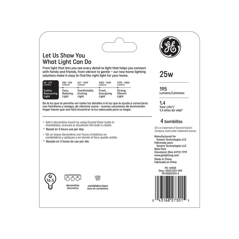 GE 25w 4pk G16 Incandescent Light Bulb White, Clear Bulb