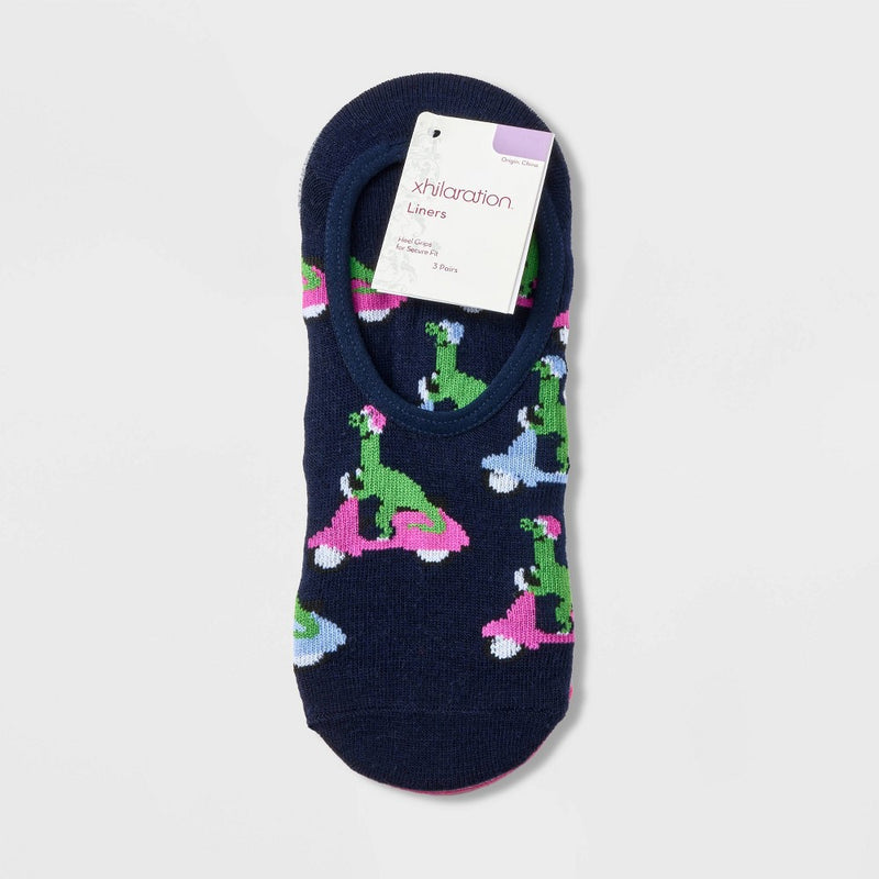Women's Dinosaur 3pk Liner Socks - Xhilaration Navy/White/Pink 4-10