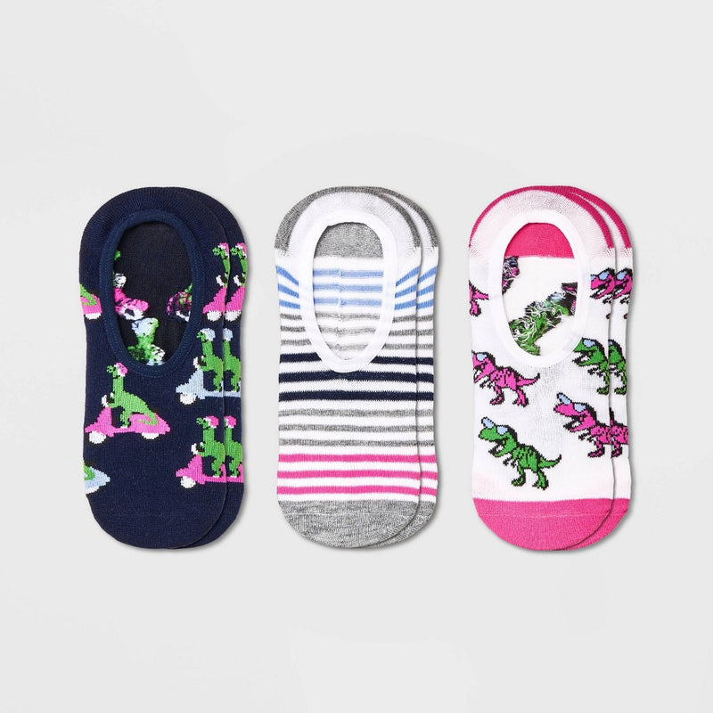 Women's Dinosaur 3pk Liner Socks - Xhilaration Navy/White/Pink 4-10