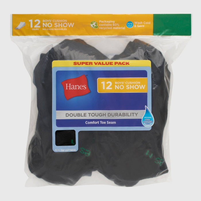 Hanes Boys' 12pk Cushioned No Show Athletic Socks - Black S
