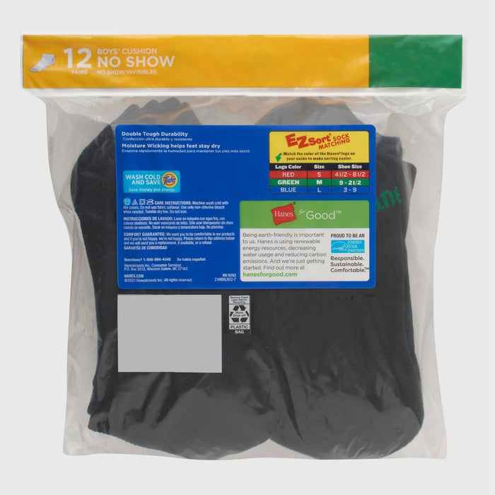 Hanes Boys' 12pk Cushioned No Show Athletic Socks - Black S