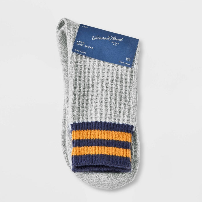 Women's Waffle Knit Varsity Striped Super Soft Crew Boot Socks - Universal Thread Light Gray 4-10