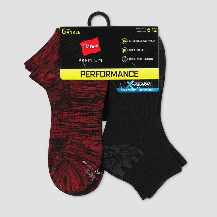 Hanes Premium Men's Performance Ankle Socks 6pk - Red/Black 6-12