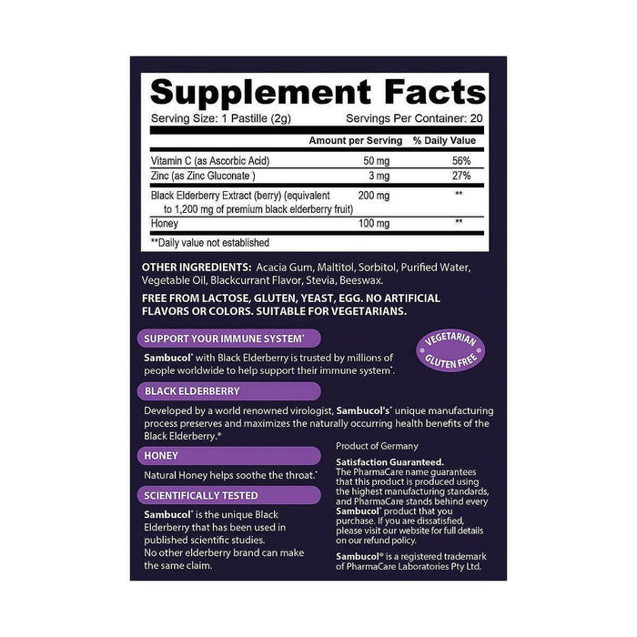 Sambucol Black Elderberry Throat Lozenges with Vitamin C, Zinc and Honey - 20ct