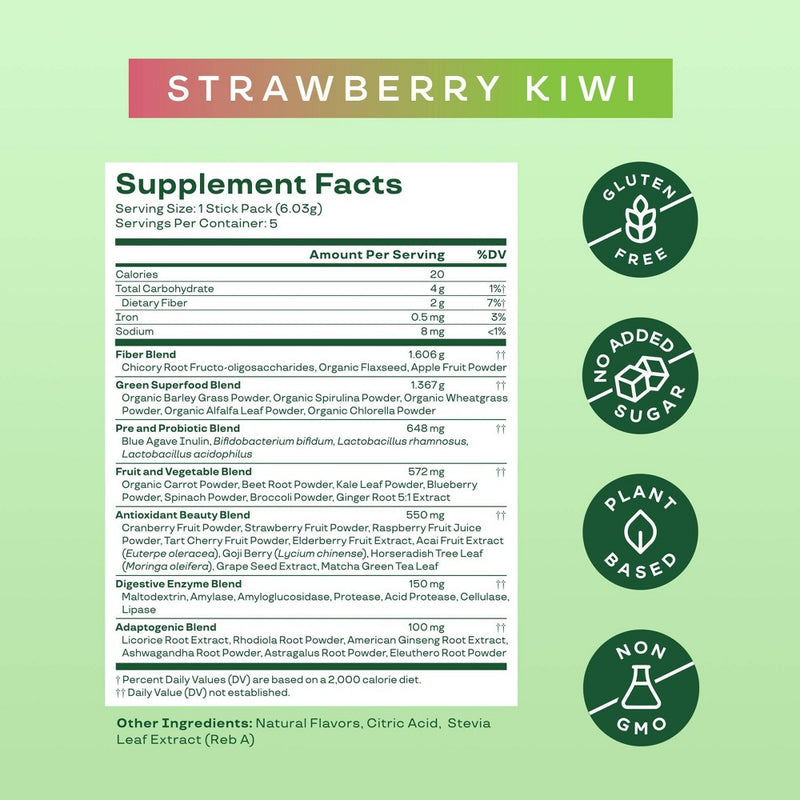 LOT OF 5!!! - BLOOM Greens + Superfoods Powder Stick Pack-Strawberry Kiwi-5ct