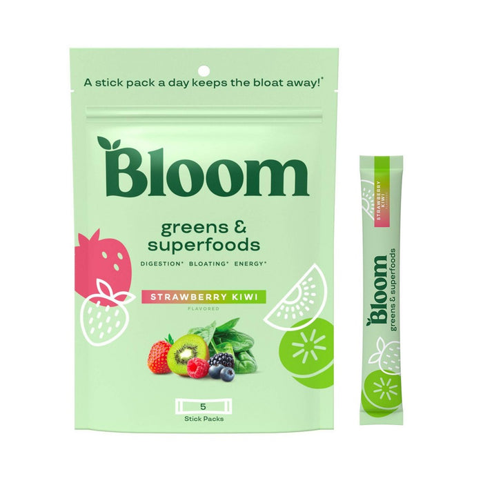 LOT OF 5!!! - BLOOM Greens + Superfoods Powder Stick Pack-Strawberry Kiwi-5ct